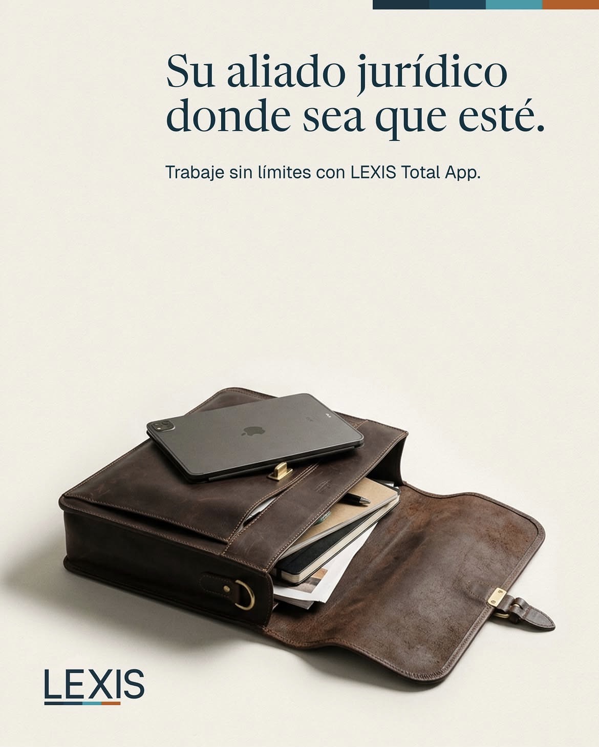 Lexis post, leather briefcase, "Your legal ally, wherever you are"