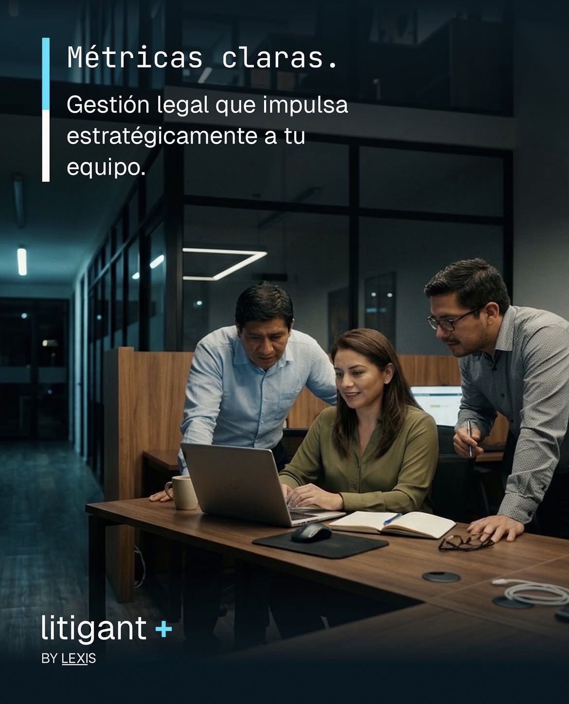 Litigant+ post, "clear metrics, legal management that drives your team forward"