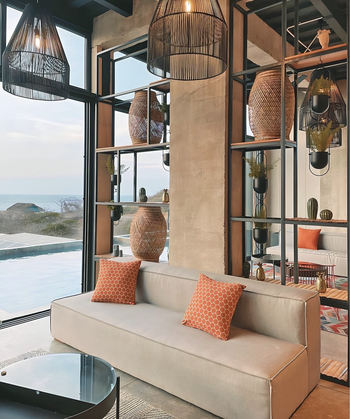 Beach hotel shelving and sofa